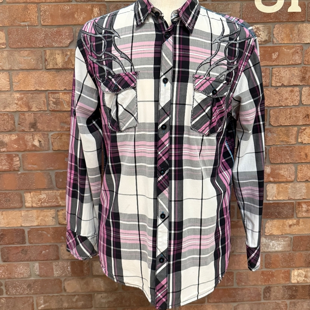 MENS ROAR's Signature Plaid Lightweight Shirt - Purple/Pink, Black, and White